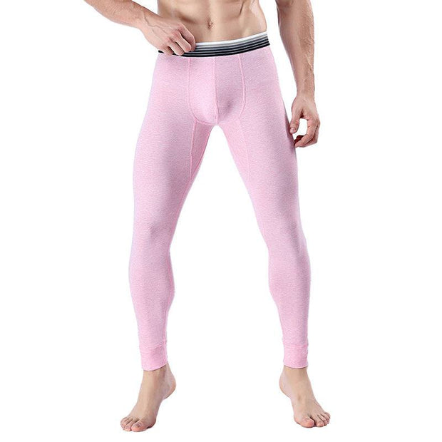 Men's pink cropped long johns with elastic waistband, soft stretch cotton fabric, ideal for layering.
