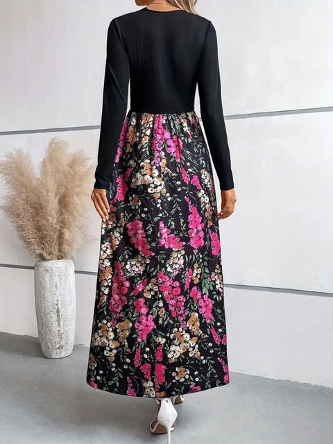 Floral Round Neck Maxi Dress with long sleeves and elegant floral pattern, perfect for any occasion.