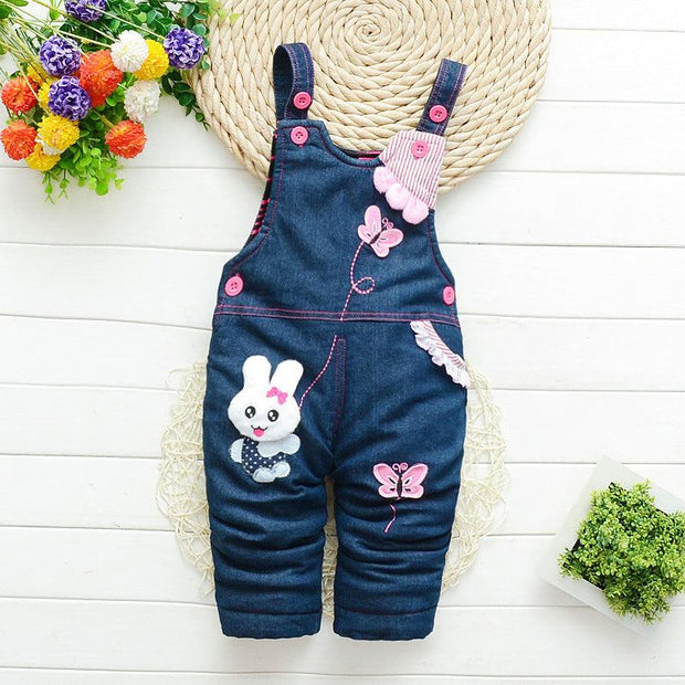 Children denim overalls with cartoon pattern, suitable for infants, winter wear.