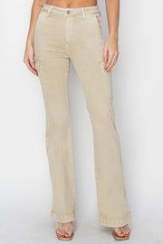 RISEN High Rise Boot-cut Jeans in beige, featuring classic pocket design and slightly stretchy denim.