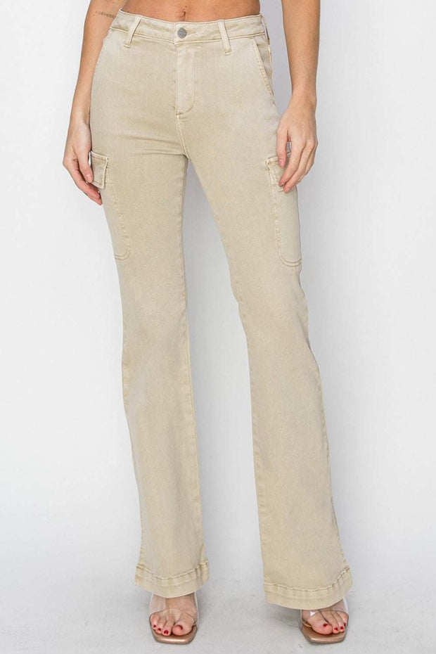 RISEN High Rise Boot-cut Jeans in beige, featuring classic pocket design and slightly stretchy denim.