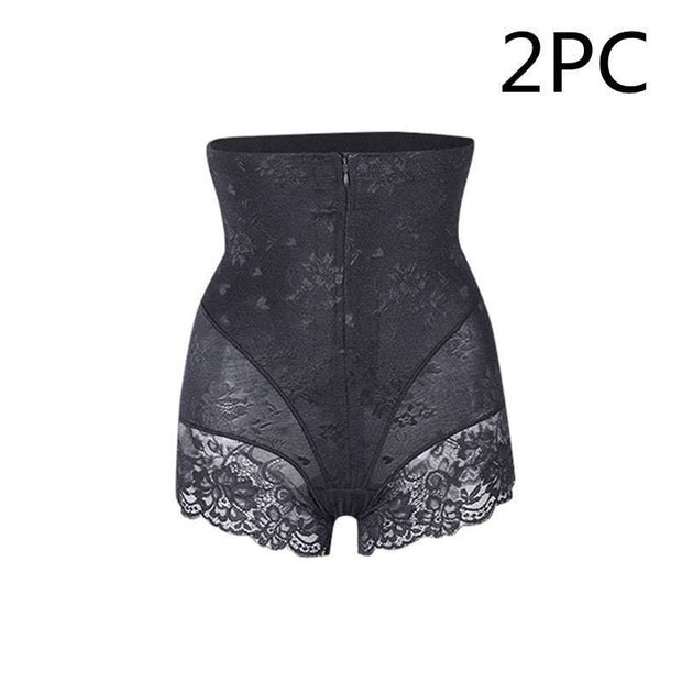 Lace high waist belly zipper pants in black, features elegant lace detailing and secure zipper fit.