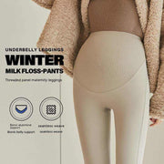 Fleece-lined maternity pants with a stretchy waistband and fleece lining for warmth and comfort during pregnancy.