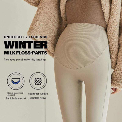 Fleece-lined maternity pants with a stretchy waistband and fleece lining for warmth and comfort during pregnancy.