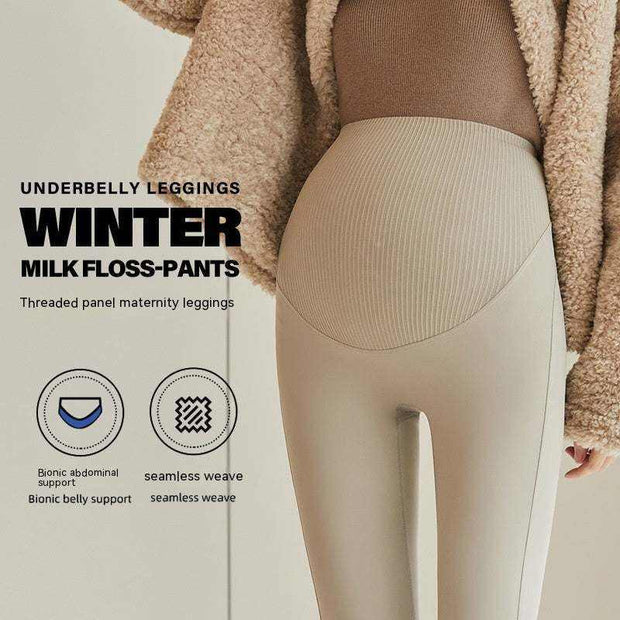 Fleece-lined maternity pants with a stretchy waistband and fleece lining for warmth and comfort during pregnancy.