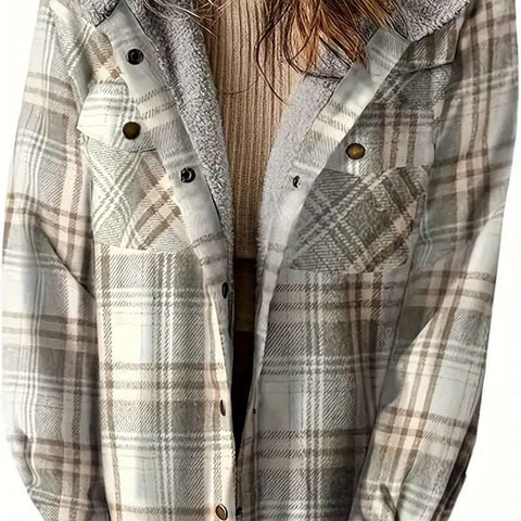 Plaid hooded fleece-lined jacket with button front and soft interior lining for warmth