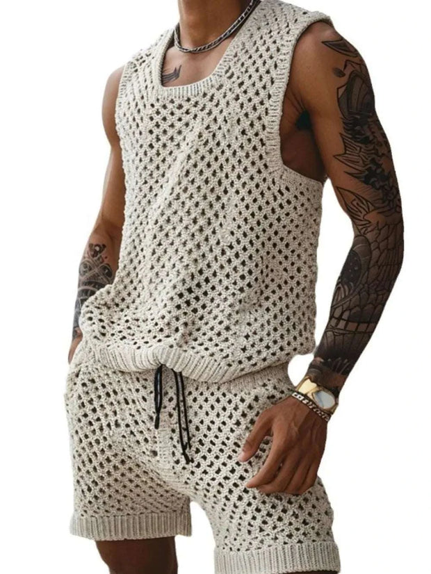 Plus Size Hollowed Out Tank and Shorts Set for men, breathable knit design, stylish summer outfit.