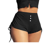 Black drawstring shorts with button details and adjustable waist for comfort and style.