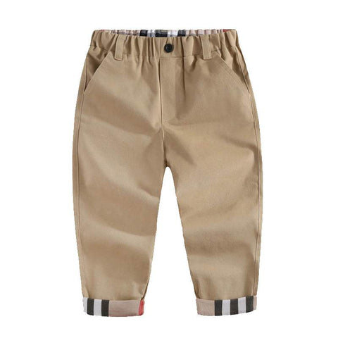 Boys casual cotton trousers with elastic waistband and pockets, khaki color, modern fit.