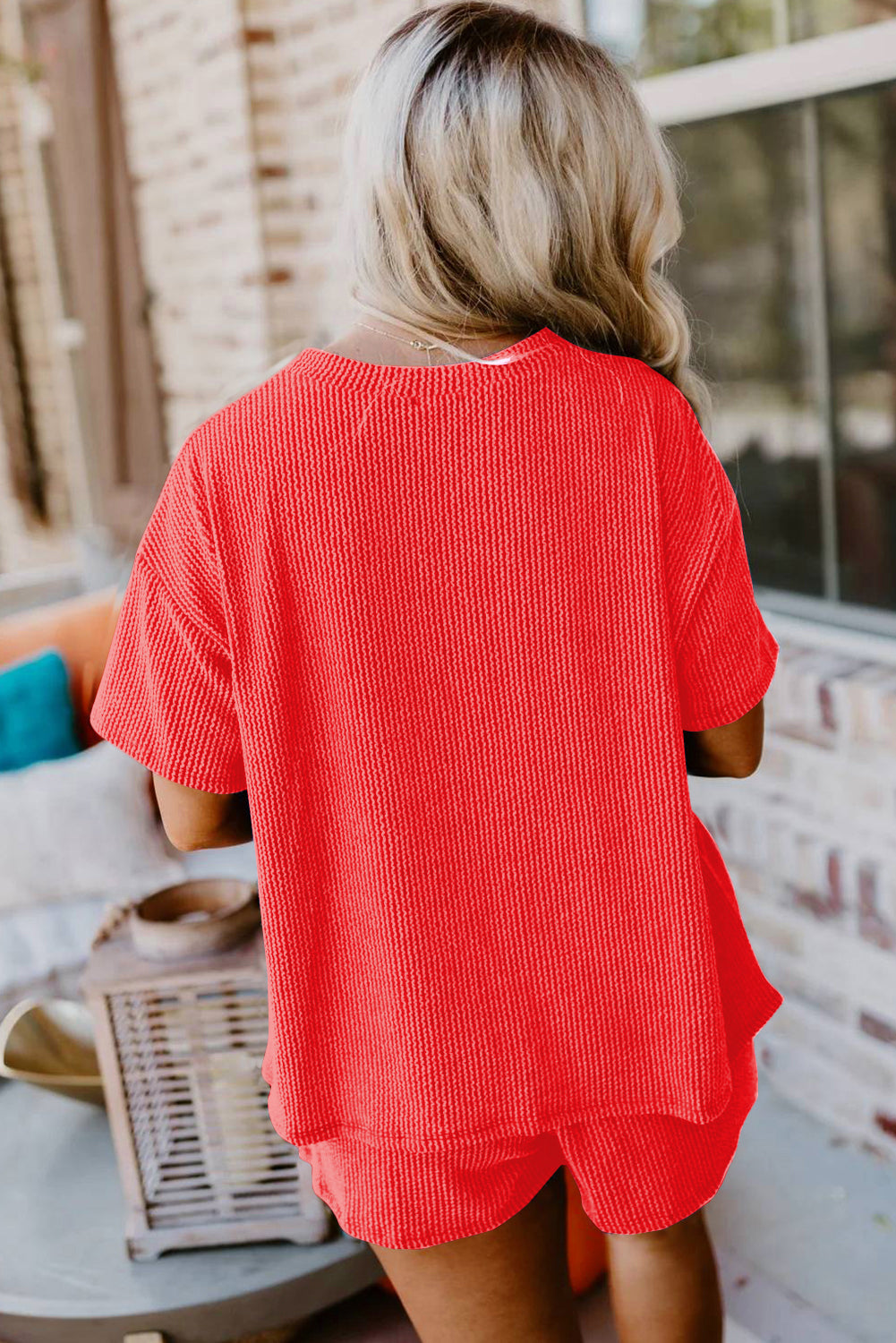 Orange Ribbed Tee & Shorts Set