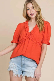 Lime N Chili Ruffled Puff Sleeve Babydoll Top with deep V-neckline and ruffled details in vibrant orange.