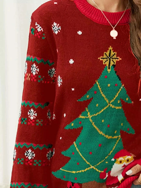 Christmas Tree Santa Round Neck Sweater with festive tree and Santa design on red knit fabric