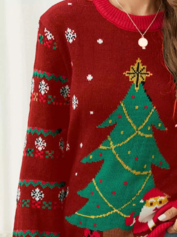 Christmas Tree Santa Round Neck Sweater with festive tree and Santa design on red knit fabric