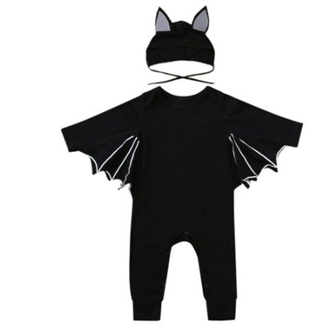Batman baby onesie with cape and matching hat in black.