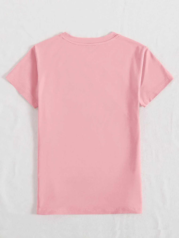 Round Neck Rabbit Tee in pink, showcasing soft fabric and casual design.