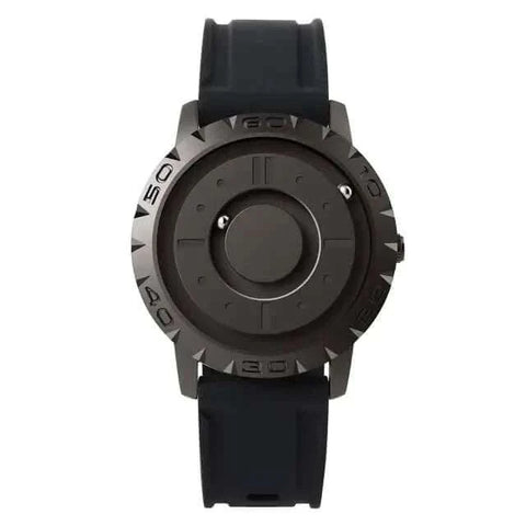 Magnetic Pointer Watch with sleek black dial and rubber strap.