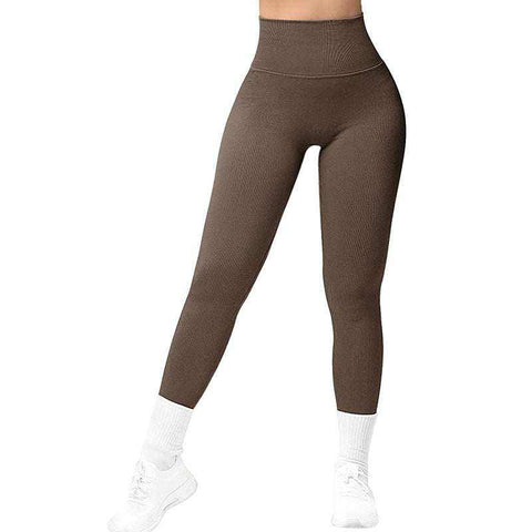 Breathable Yoga Suit in brown, high-waisted leggings, seamless, stretchy, female activewear.