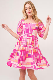 Color Block Puff Sleeve Dress with bold pattern and playful design.
