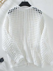 Open Front Openwork Cardigan with intricate pattern on hanger, lightweight knit fabric.