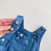 Denim strap detail of Two-Piece Baby Suit with buttons.