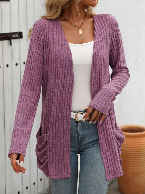 Open-Front Ribbed Cardigan in purple, layered over white top, paired with jeans.
