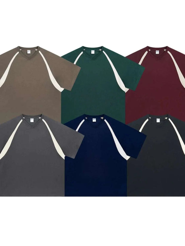 Contrast Round Neck Half Sleeve T-Shirt in assorted colors with contrast design on sleeves and collar.