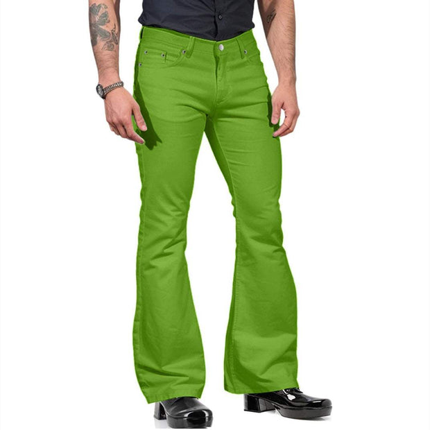 Mens Bell-bottom Pants in green with fitted thigh and flared knee, worn with black shirt and shoes.