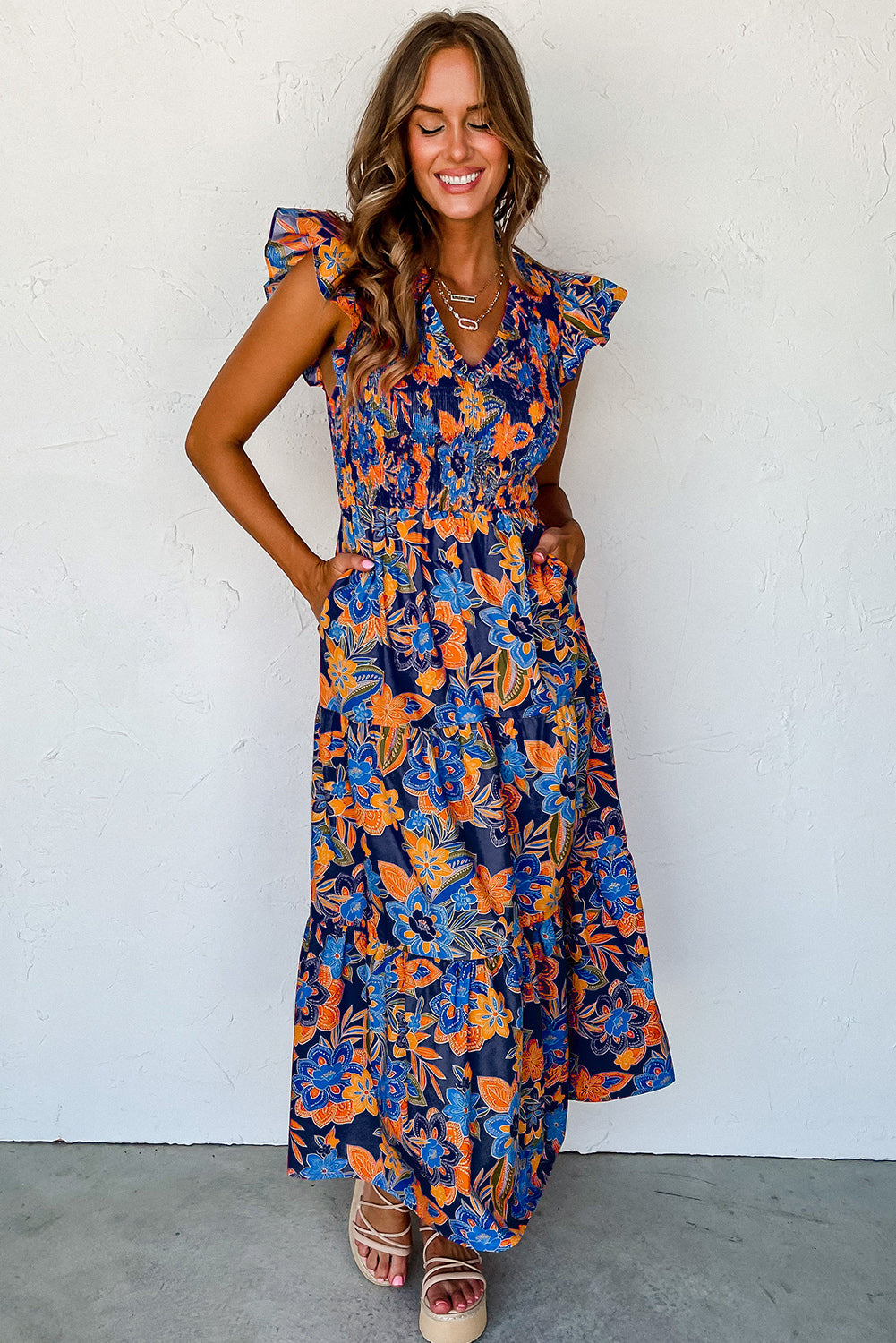 Boho Floral V Neck Long Dress