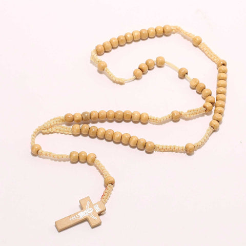 Christian Wooden Cross Necklace with finely carved cross, natural wood beads, and adjustable chain.