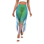 Little Mermaid Fin Print Pants with colorful fish scale design.