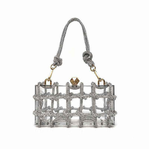 Luxurious French Rhinestone Square Handbag with detachable chain strap.
