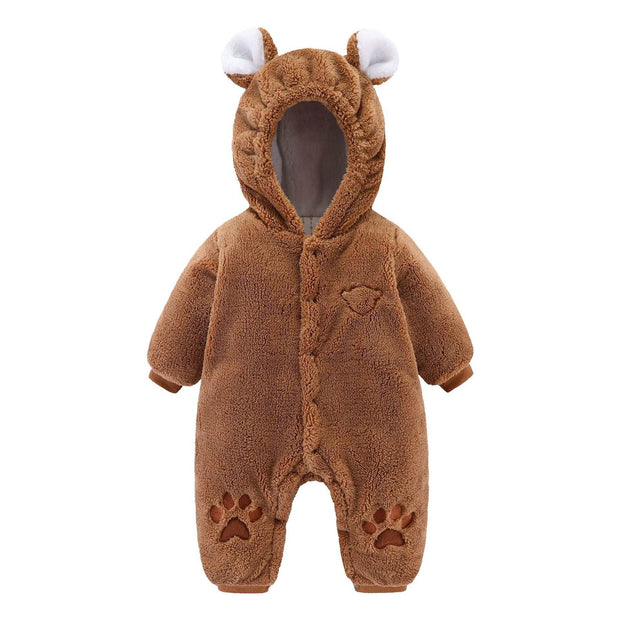 Cozy brown newborn baby onesie with bear hood and paw print details.