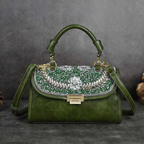 Retro Diamond Studded Shoulder Bag in retro green with sparkling studs and adjustable strap.