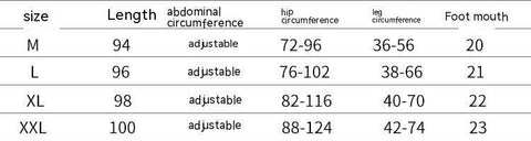 Size chart for fleece-lined maternity leggings showcasing adjustable abdominal circumference and dimensions for M, L, XL, XXL.