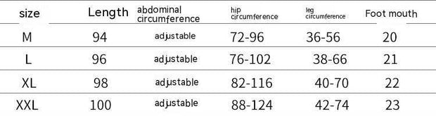 Size chart for fleece-lined maternity leggings showcasing adjustable abdominal circumference and dimensions for M, L, XL, XXL.