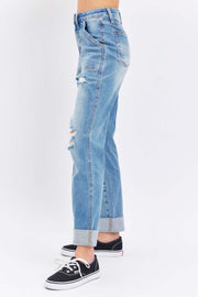 Judy Blue Distressed Straight Jeans in light blue wash with trendy rips and rolled cuffs.