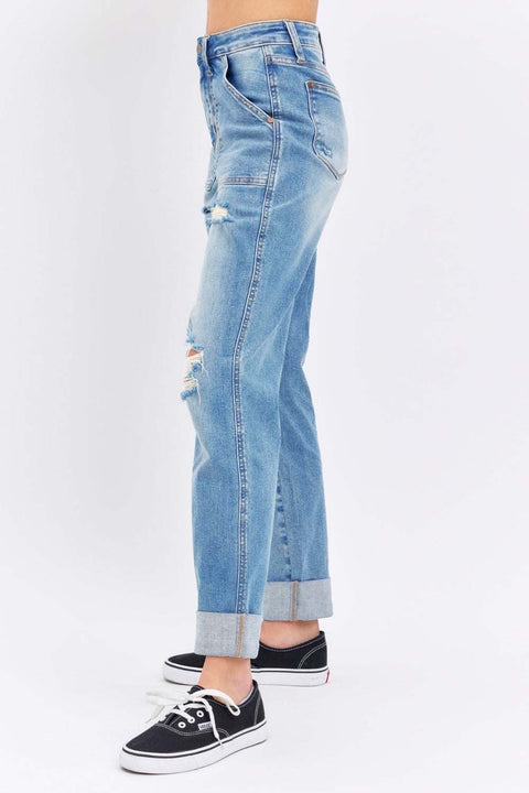 Judy Blue Distressed Straight Jeans in light blue wash with trendy rips and rolled cuffs.