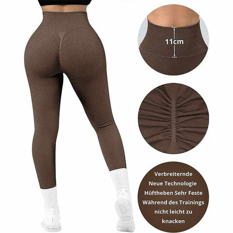Breathable Yoga Suit in brown showcasing high-waist leggings, four-way stretch fabric, and supportive design.
