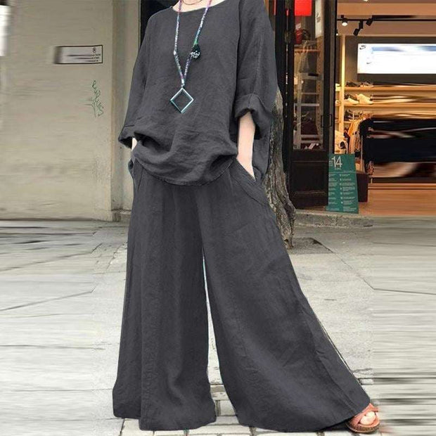 Solid color linen pants and shirt set for everyday wear.