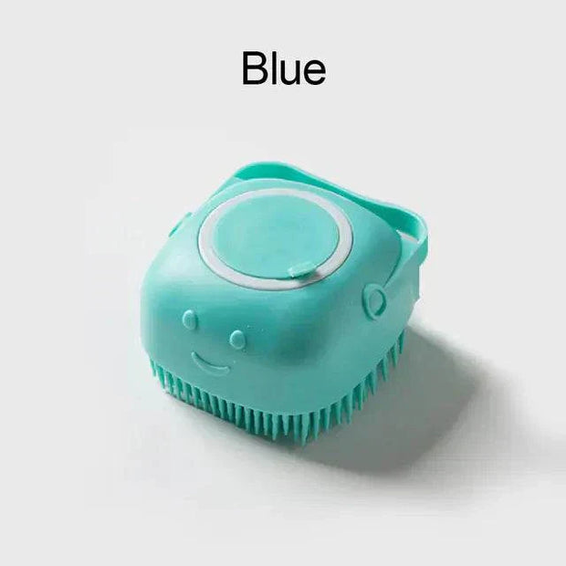 Soft Silicone Dog Brush in blue with built-in shampoo dispenser and soft bristles.