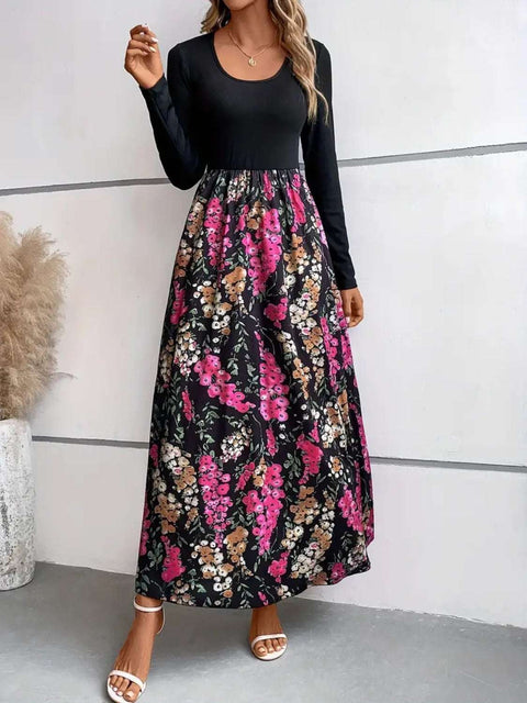 Floral Round Neck Maxi Dress with floral pattern and long sleeves.