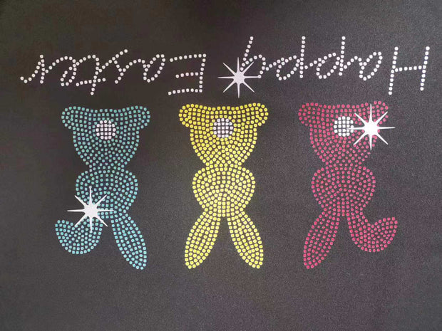 Easter Round Neck T-Shirt with colorful bear graphics and "Happy Easter" text.