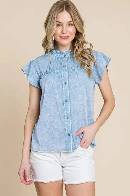 Lime N Chili Flutter Sleeve Button Down Shirt with mineral wash fabric and vibrant style.