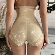 Lace high waist belly zipper pants in skin tone, showcasing elegant lace detailing and a flattering fit.