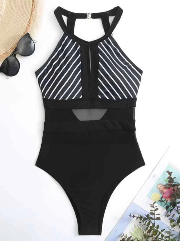 Black and white striped mesh backless swimsuit with high neck and cutout design