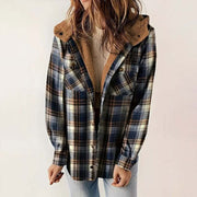 Plaid hooded fleece-lined jacket with brown interior lining and button front closure worn by a woman