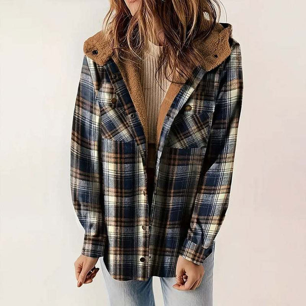 Plaid hooded fleece-lined jacket with brown interior lining and button front closure worn by a woman