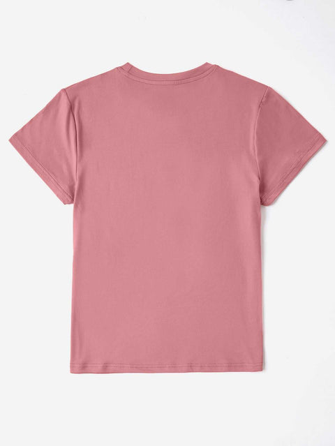 Round Neck Rabbit Tee in soft pink fabric, back view.