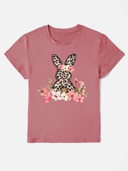 Round Neck Rabbit Tee with floral bunny graphic on mauve shirt.