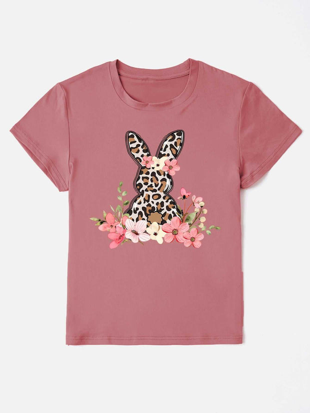 Round Neck Rabbit Tee with floral bunny graphic on mauve shirt.